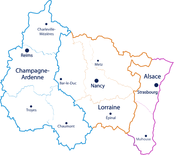 Carte de la région Grand Est : Champagne-Ardenne, Lorraine, Alsace