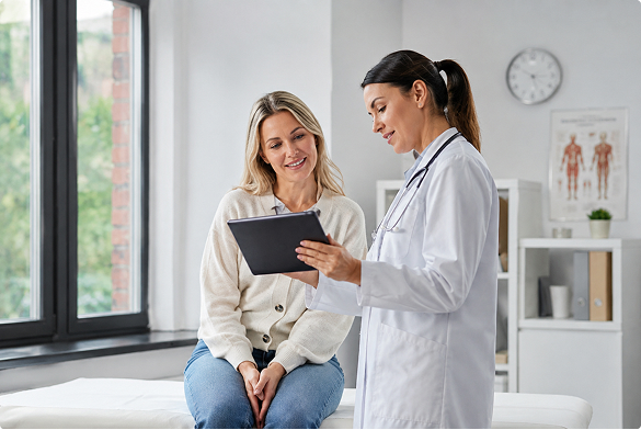 Médecin présentant des informations sur une tablette à une patiente
