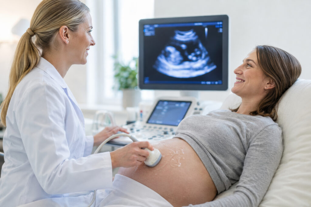 Échographie de grossesse : une professionnelle de santé et une future mère souriante
